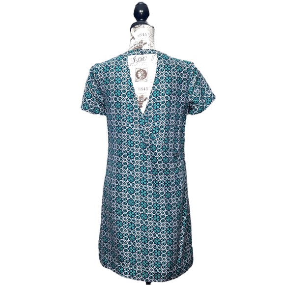 J. Crew Dress Sz 4 Navy Green Medallion Short Sleeve Shift Swoop Neck Lined - Picture 4 of 15